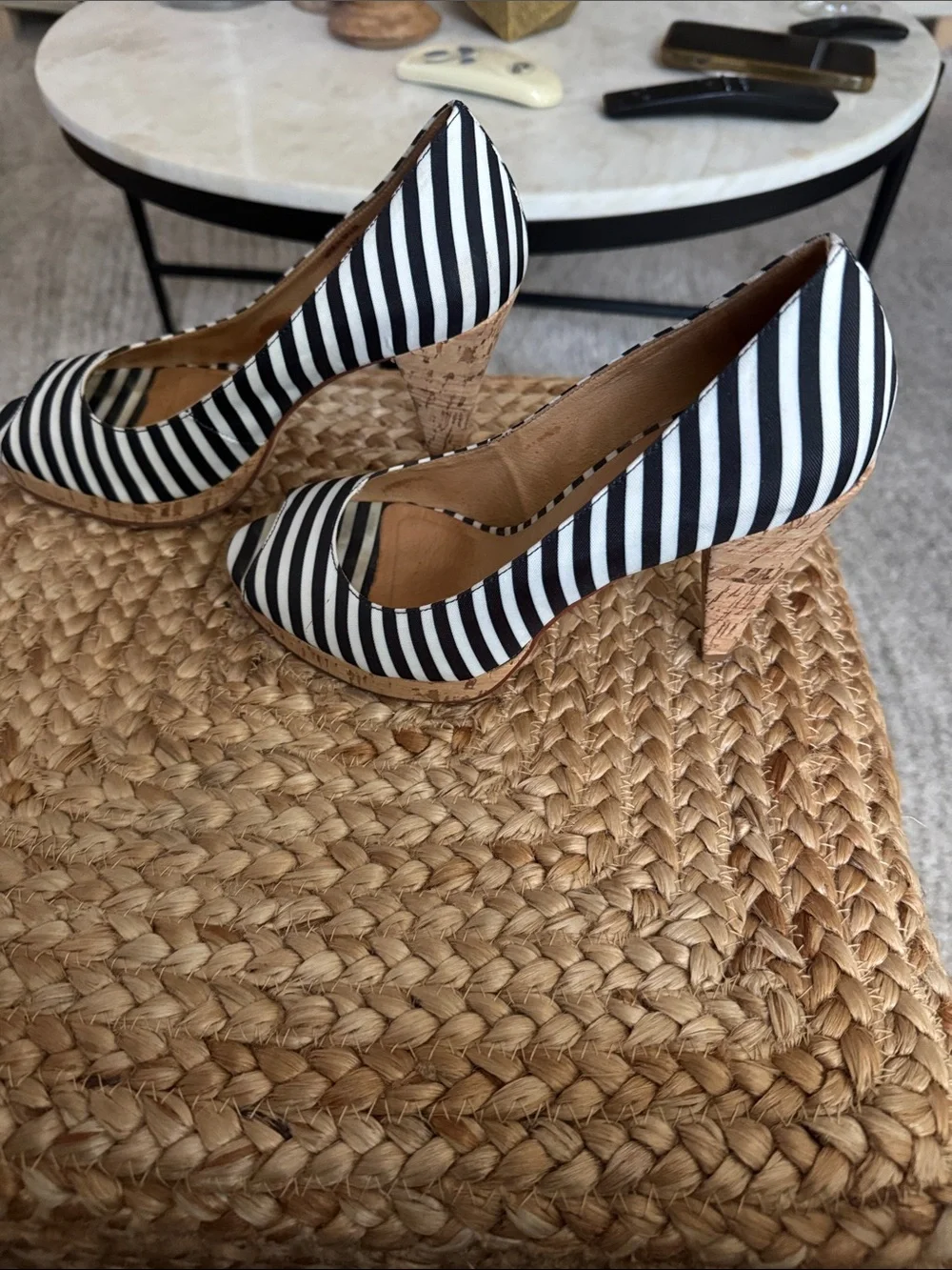 Michael Kors Navy Blue and White Striped Peep-Toe cork heels